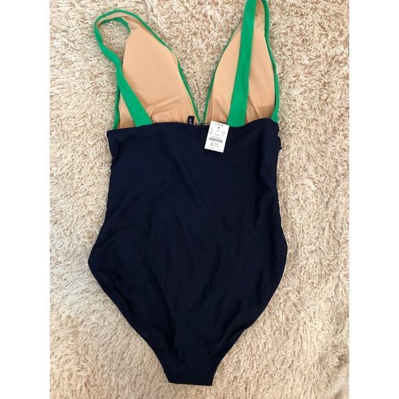 J. Crew Swimsuit V Neck Ruched One Piece Green and Navy Color Block NWT Large - Picture 7 of 11